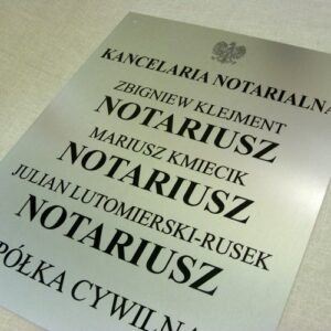 Tablica notarialna wykonana z aluminum anodowanego w rozmiarze 50 x 51 cm 